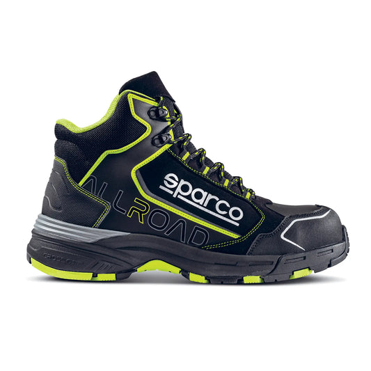 Sparco ALLROAD MOTEGI – S3S veiligheidsschoen zwart/geel hoog model met Phylon zool en waterafstotend microvezel