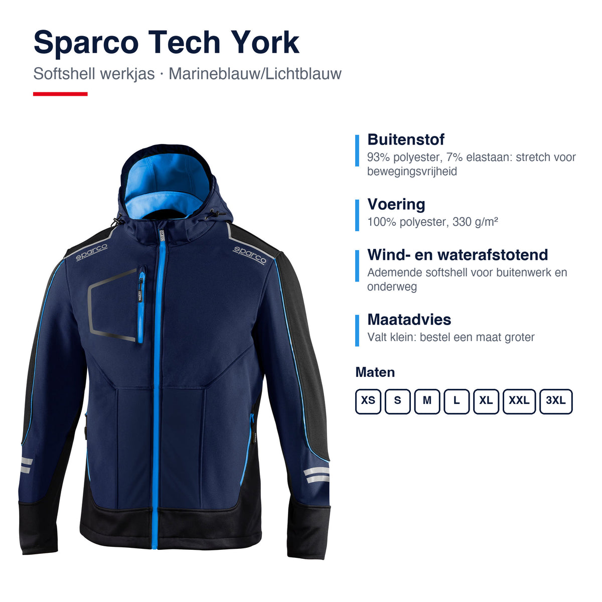 Sparco Tech York Softshell Jas Marineblauw/Lichtblauw - Materiaal en pasvorm