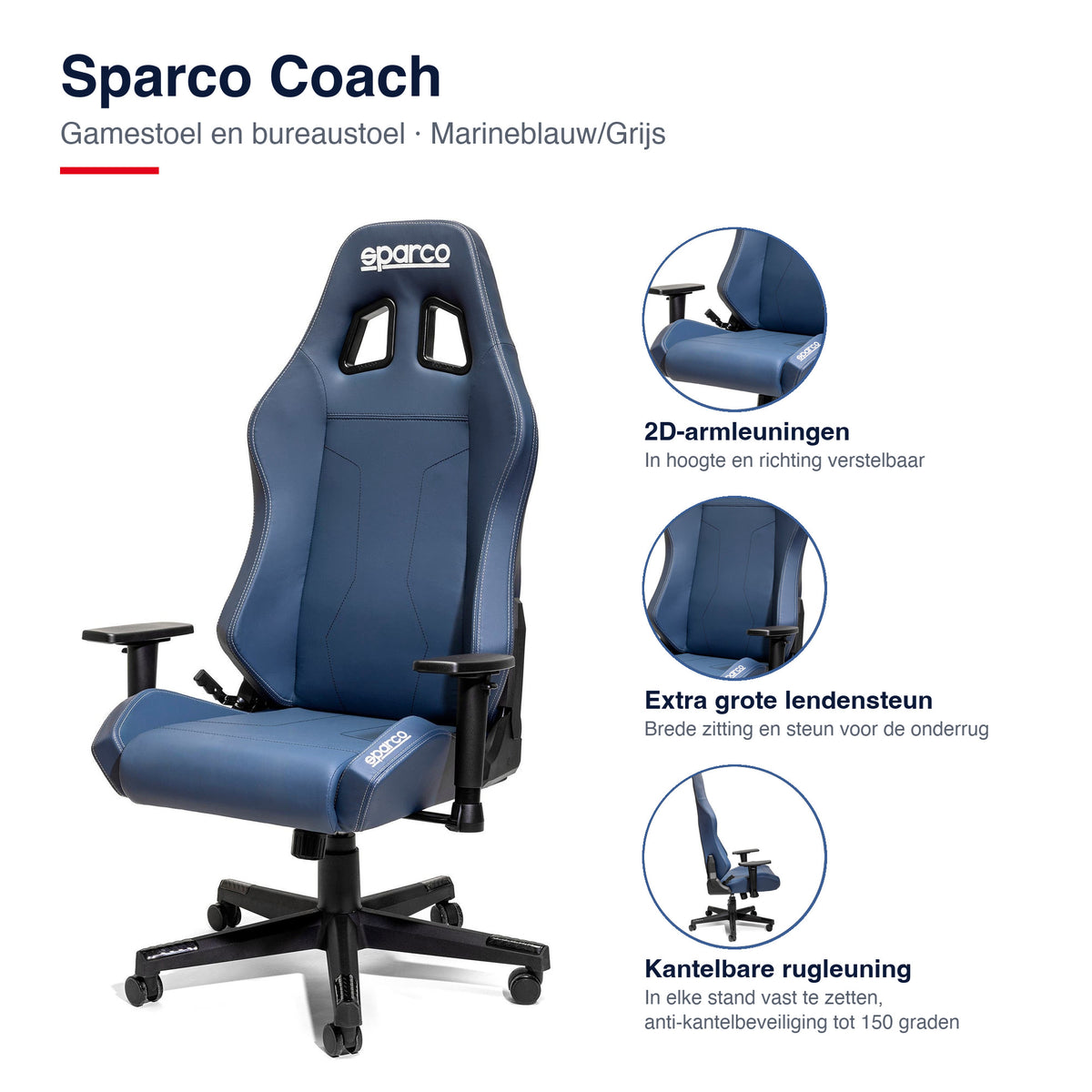 Sparco Coach Gamestoel en Bureaustoel Marineblauw/Grijs - Infographic kenmerken