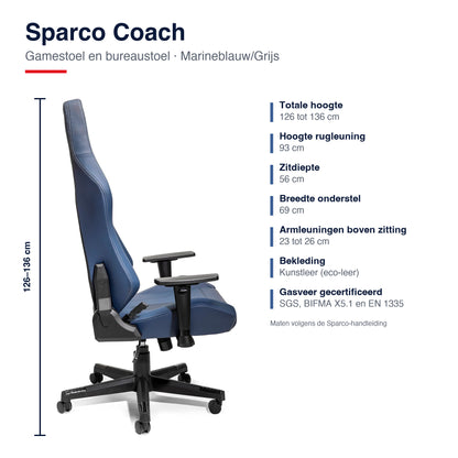 Sparco Coach Gamestoel en Bureaustoel Marineblauw/Grijs - Infographic afmetingen