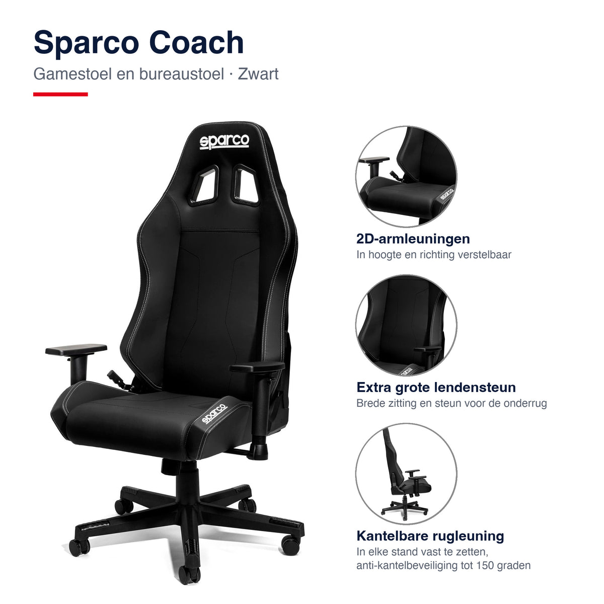 Sparco Coach Gamestoel en Bureaustoel Zwart - Infographic kenmerken