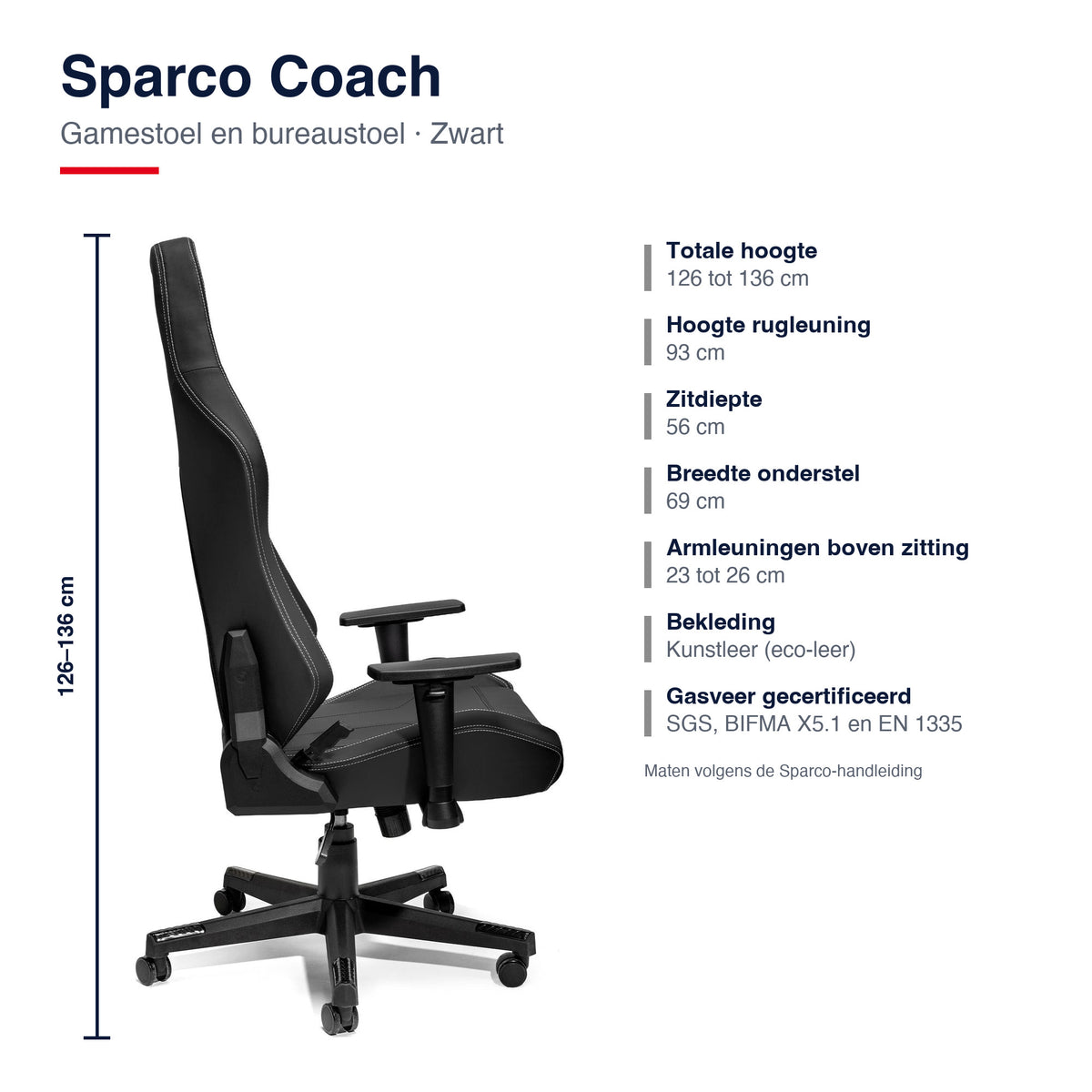 Sparco Coach Gamestoel en Bureaustoel Zwart - Infographic afmetingen
