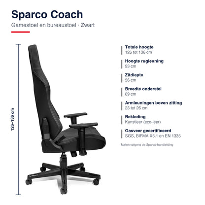 Sparco Coach Gamestoel en Bureaustoel Zwart - Infographic afmetingen