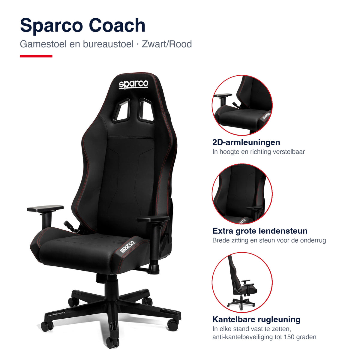 Sparco Coach Gamestoel en Bureaustoel Zwart/Rood - Infographic kenmerken