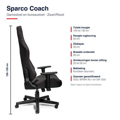 Sparco Coach Gamestoel en Bureaustoel Zwart/Rood - Infographic afmetingen