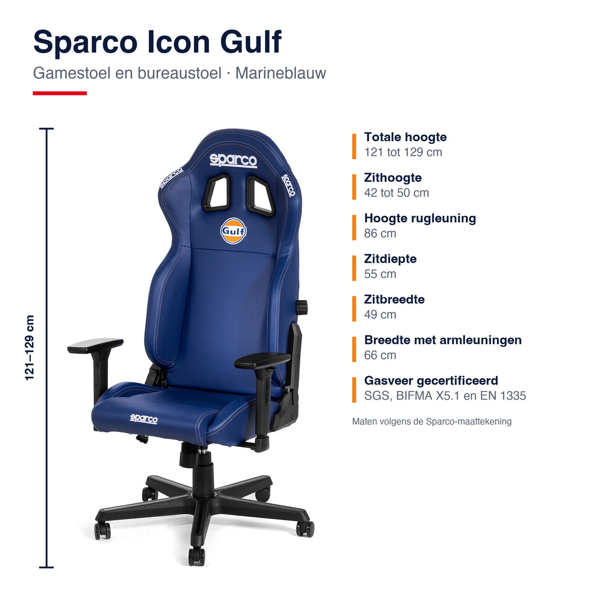 Sparco Icon Gulf Gamestoel en Bureaustoel Marineblauw - Infographic afmetingen