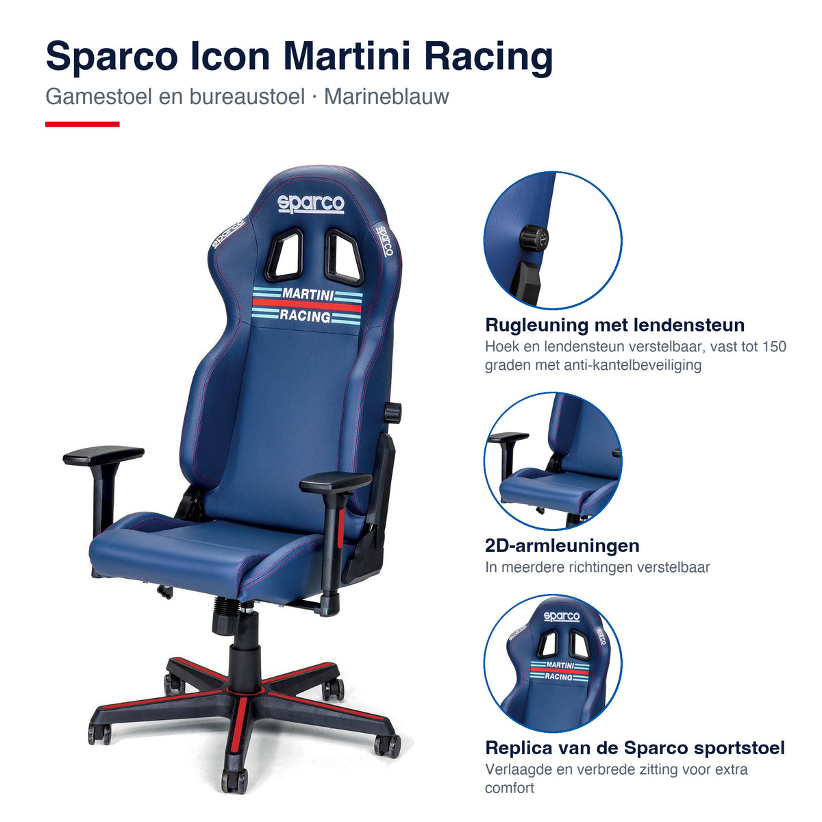 Sparco Icon Martini Racing Gamestoel en Bureaustoel Marineblauw - Infographic kenmerken