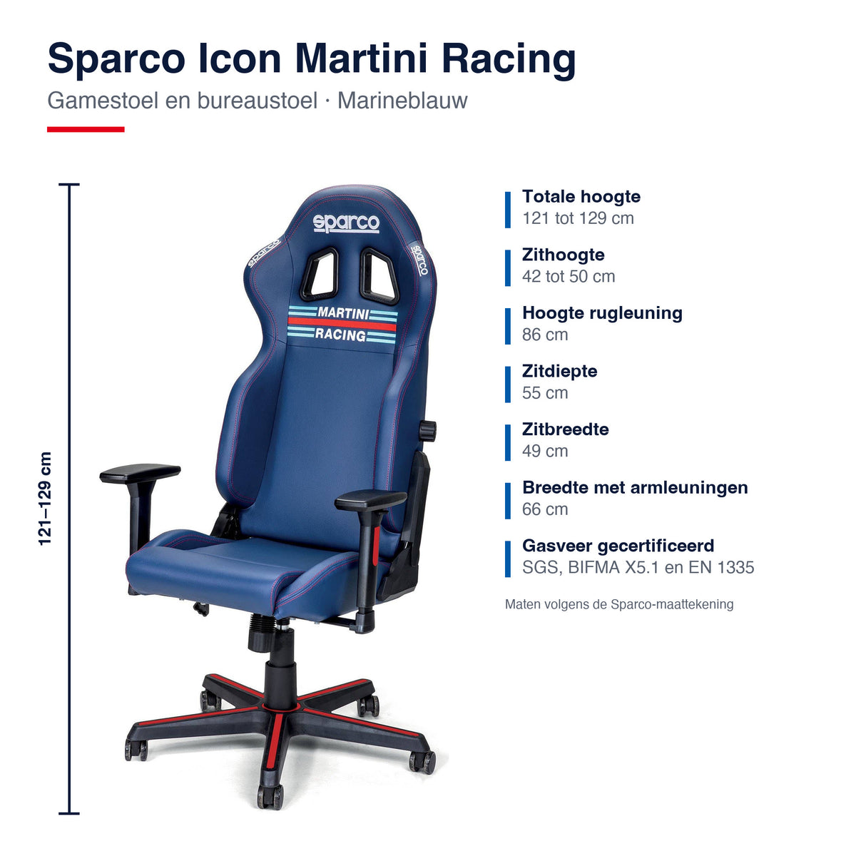 Sparco Icon Martini Racing Gamestoel en Bureaustoel Marineblauw - Infographic afmetingen