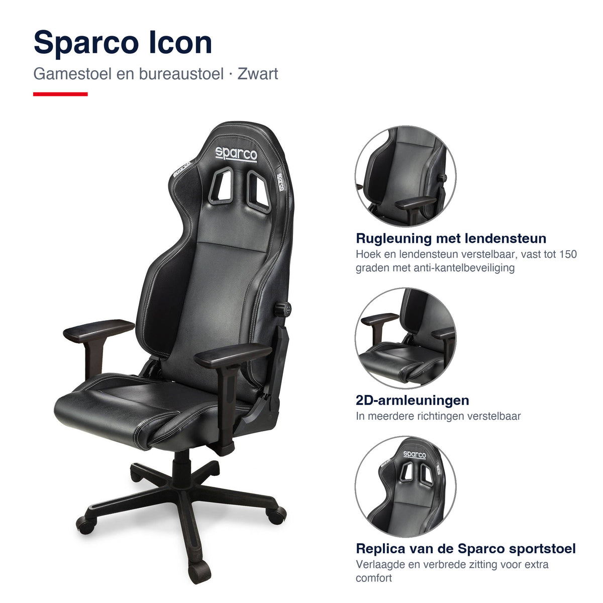 Sparco Icon Gamestoel en Bureaustoel Zwart - Infographic kenmerken