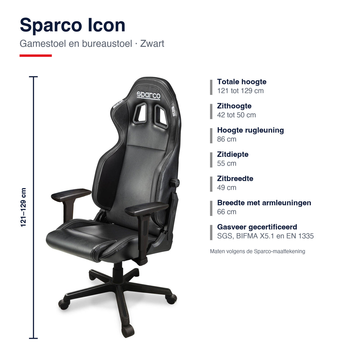 Sparco Icon Gamestoel en Bureaustoel Zwart - Infographic afmetingen