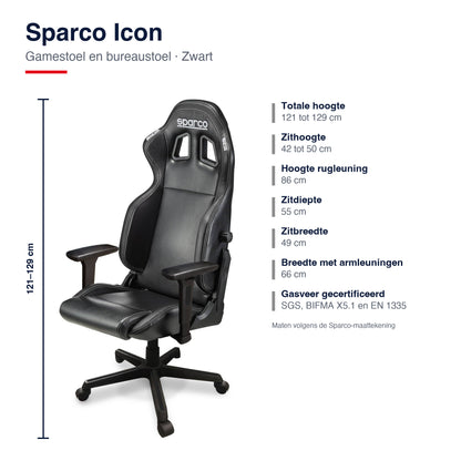 Sparco Icon Gamestoel en Bureaustoel Zwart - Infographic afmetingen