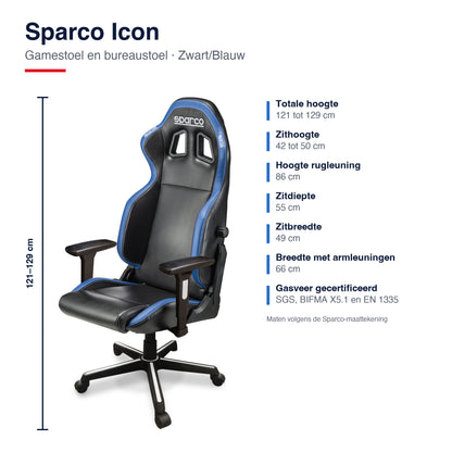 Sparco Icon Gamestoel en Bureaustoel Zwart/Blauw - Infographic afmetingen