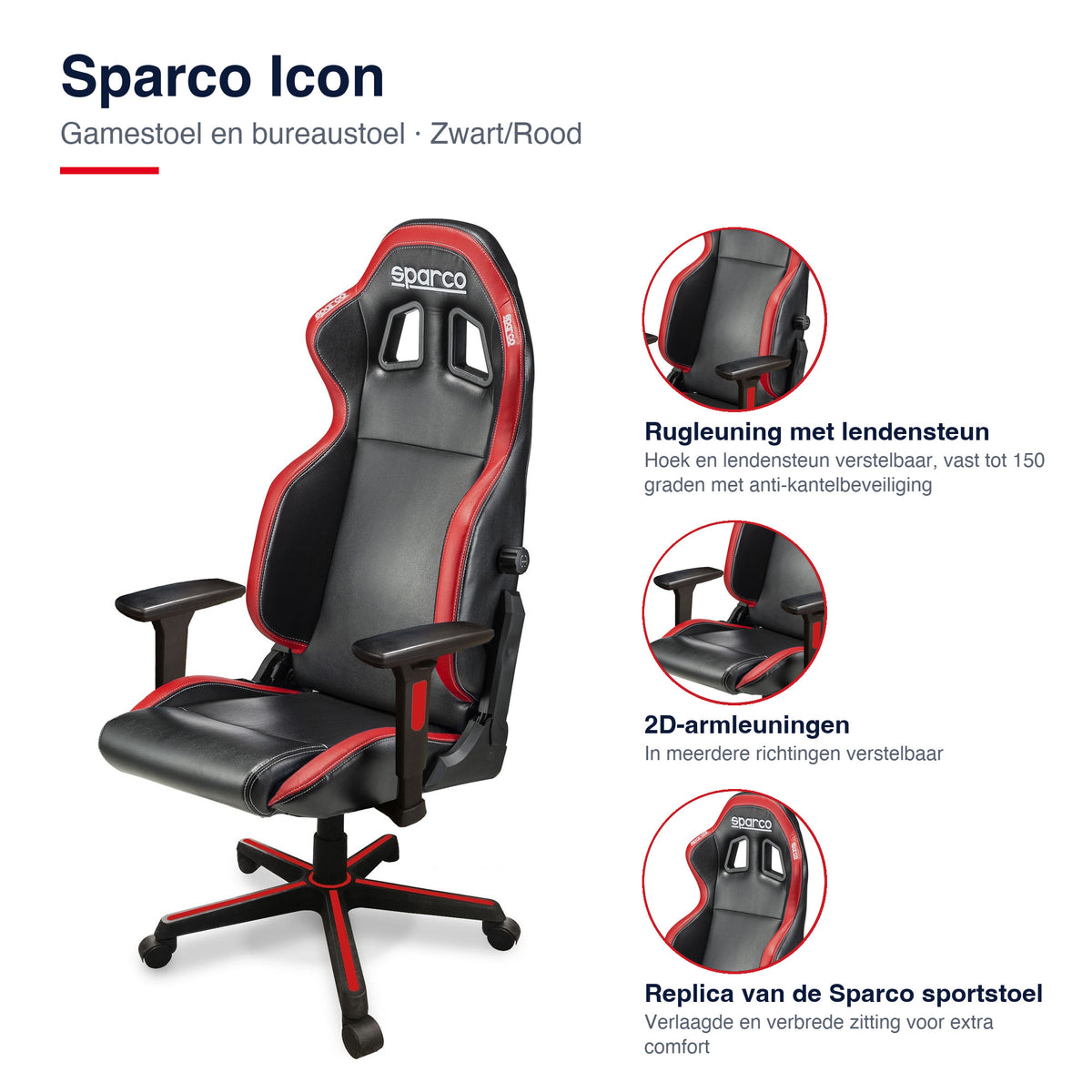 Sparco Icon Gamestoel en Bureaustoel Zwart/Rood - Infographic kenmerken