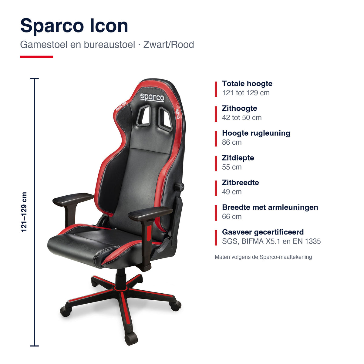 Sparco Icon Gamestoel en Bureaustoel Zwart/Rood - Infographic afmetingen