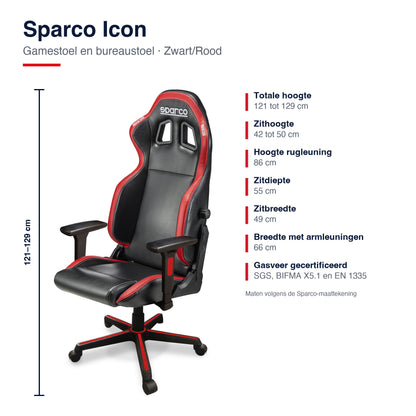 Sparco Icon Gamestoel en Bureaustoel Zwart/Rood - Infographic afmetingen