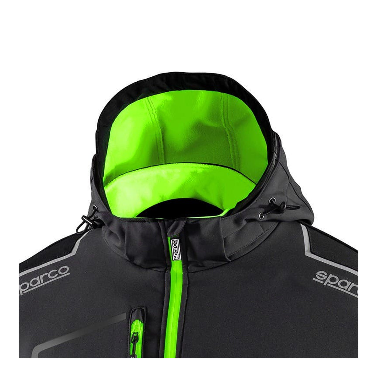 Sparco Tech York Softshell Jas Grijs/Groen - Detail capuchon met trekkoord