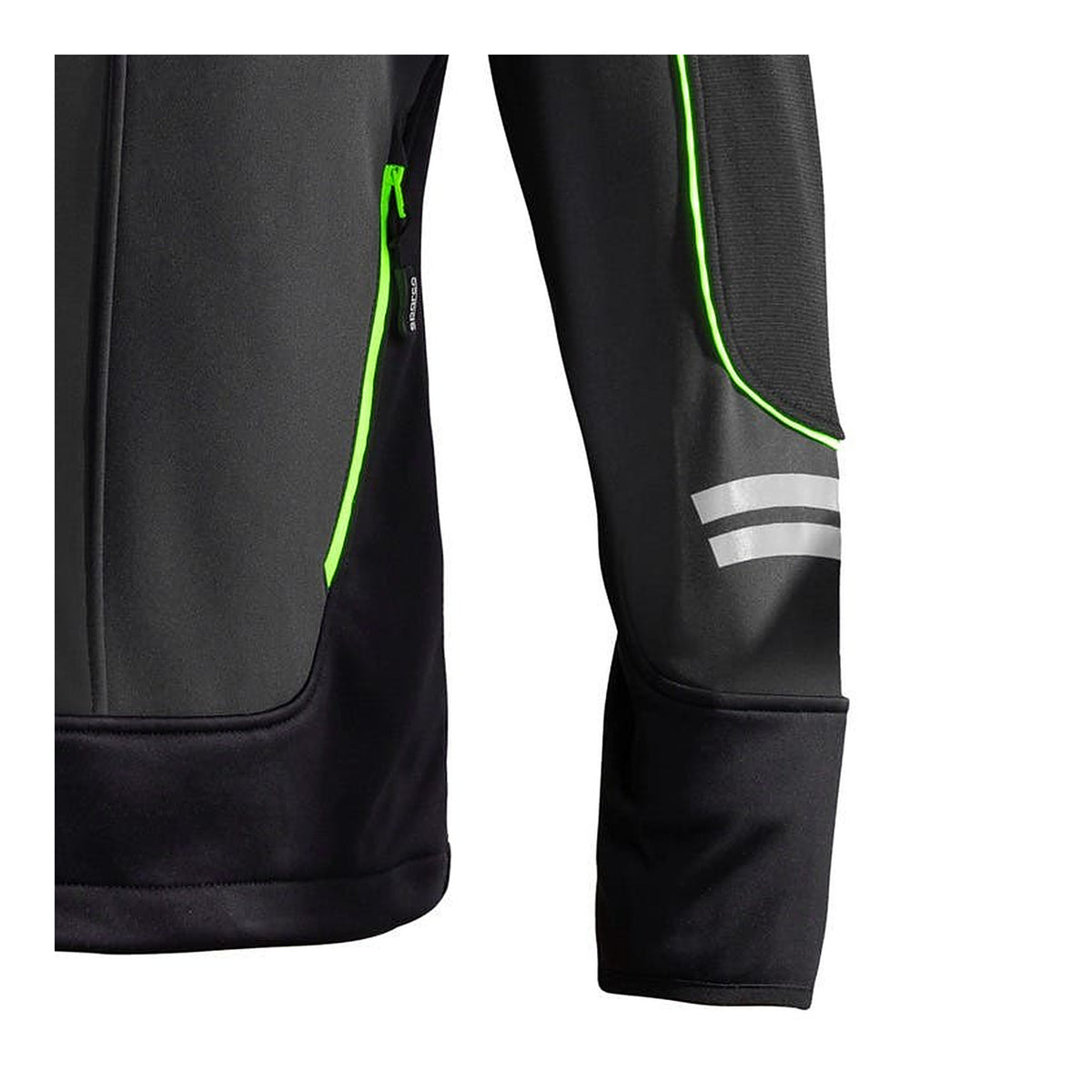 Sparco Tech York Softshell Jas Grijs/Groen - Detail zijzak met rits en reflecterende mouwbanden
