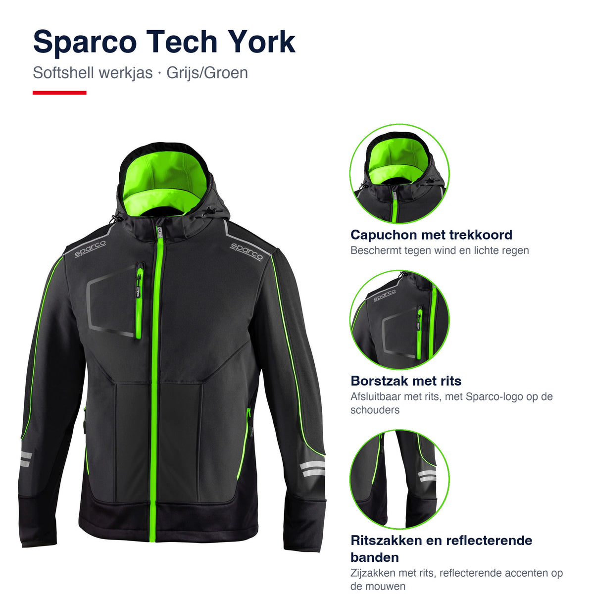 Sparco Tech York Softshell Jas Grijs/Groen - Kenmerken
