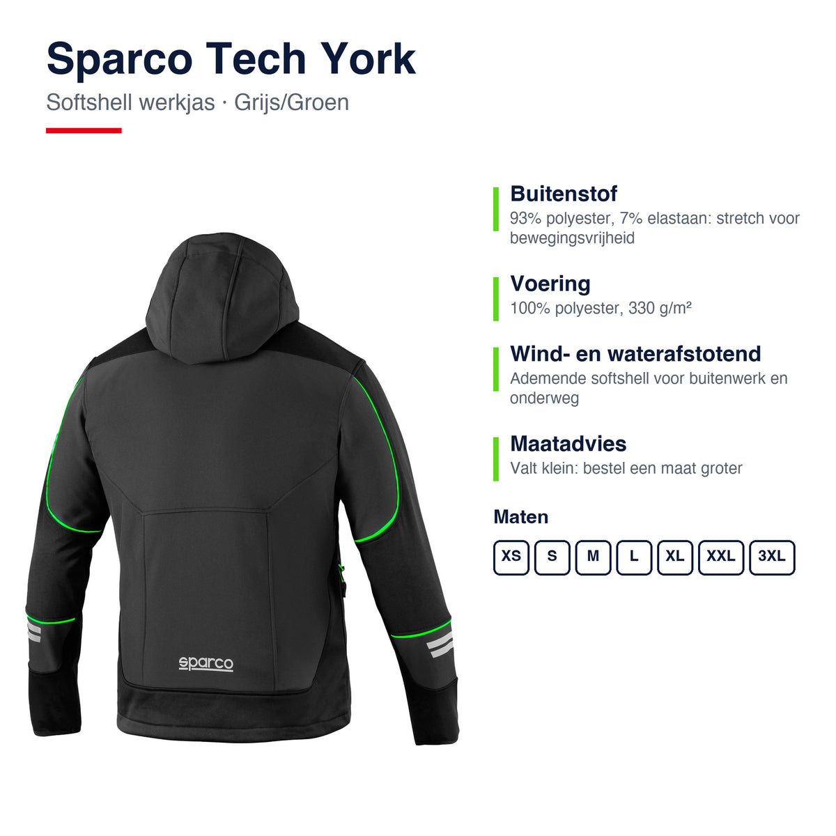 Sparco Tech York Softshell Jas Grijs/Groen - Materiaal en pasvorm
