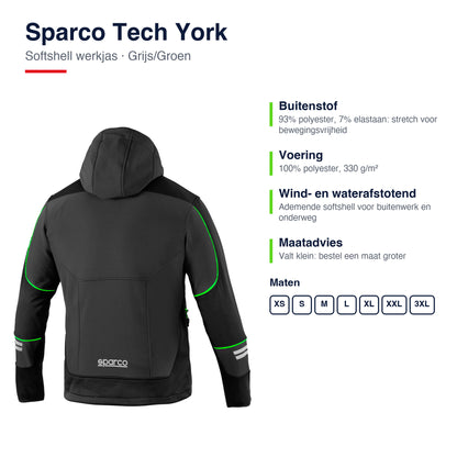 Sparco Tech York Softshell Jas Grijs/Groen - Materiaal en pasvorm