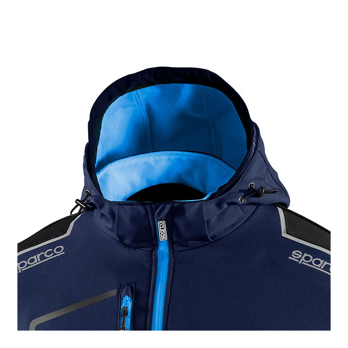 Sparco Tech York Softshell Jas Marineblauw/Lichtblauw - Detail capuchon met trekkoord