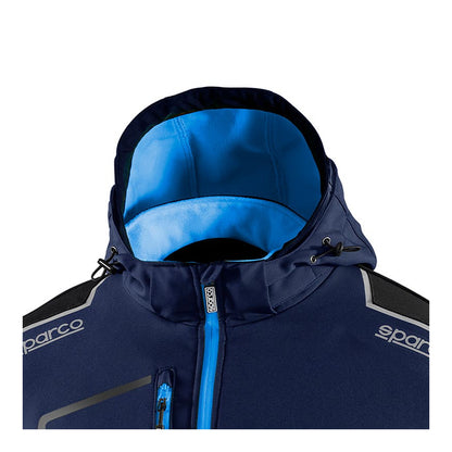 Sparco Tech York Softshell Jas Marineblauw/Lichtblauw - Detail capuchon met trekkoord