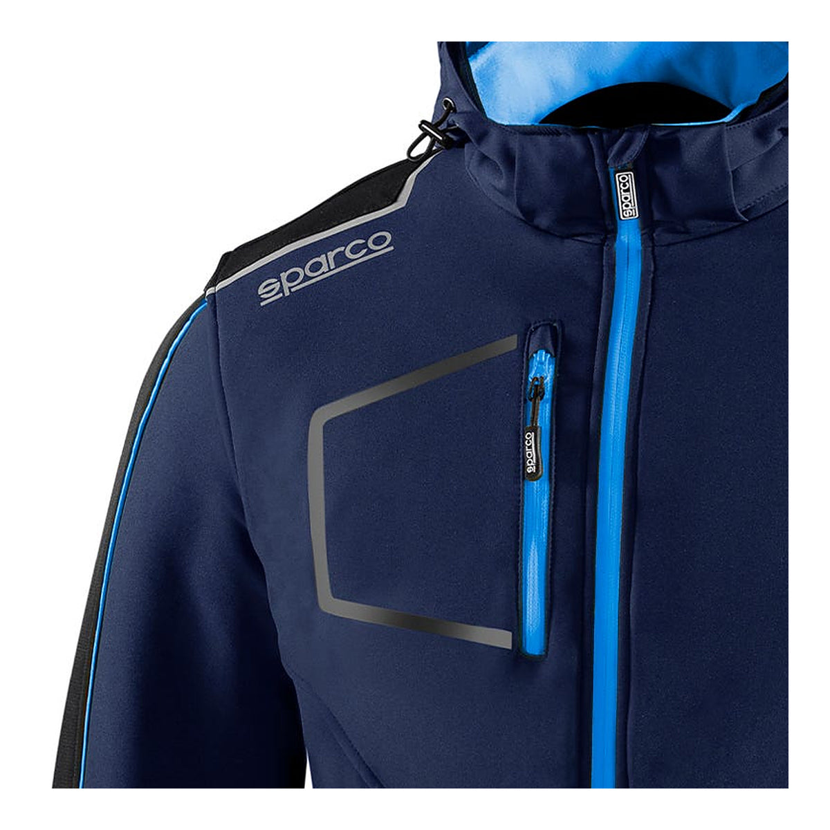 Sparco Tech York Softshell Jas Marineblauw/Lichtblauw - Detail borstzak met rits en logo