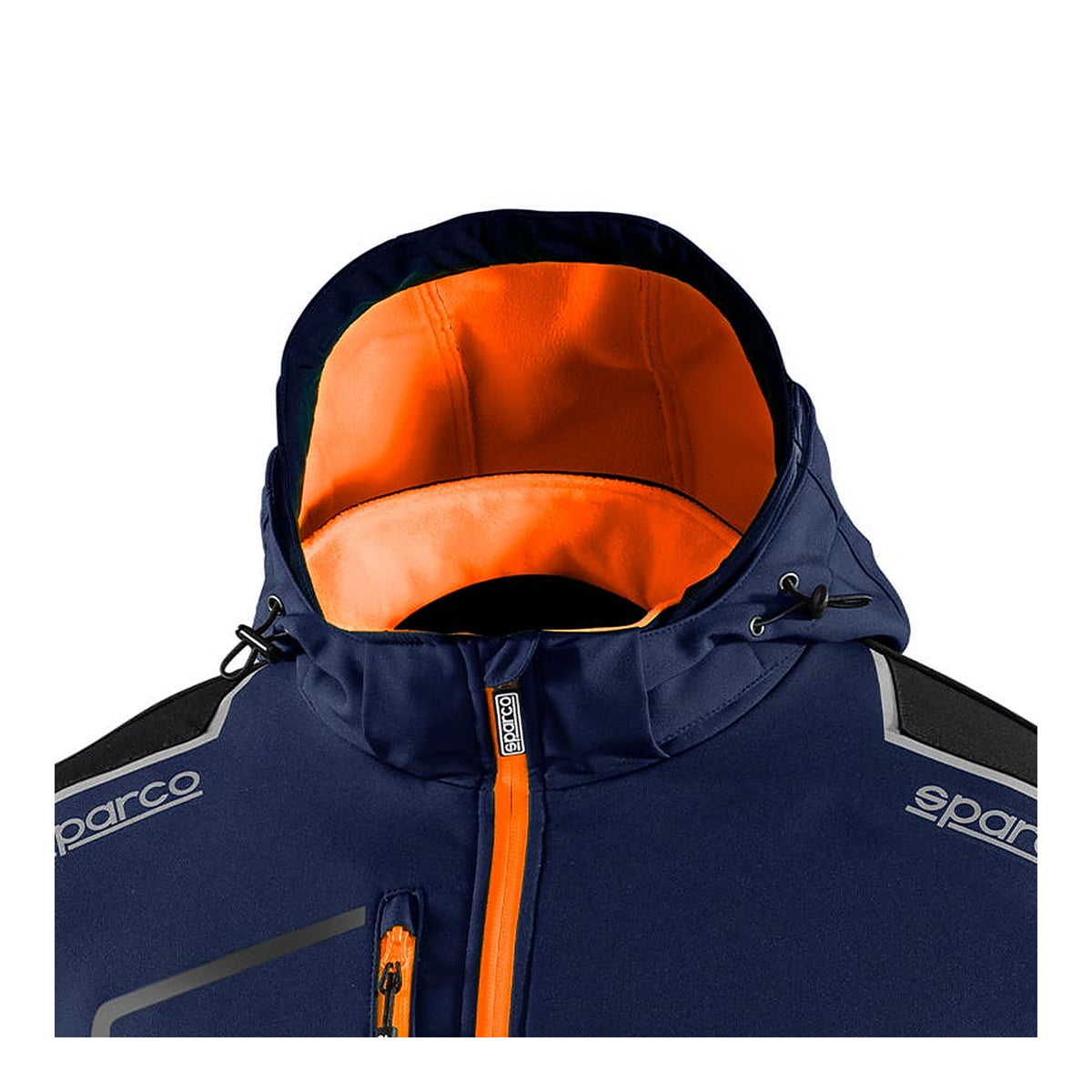Sparco Tech York Softshell Jas Marineblauw/Oranje - Detail capuchon met trekkoord