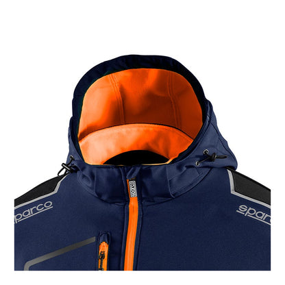 Sparco Tech York Softshell Jas Marineblauw/Oranje - Detail capuchon met trekkoord