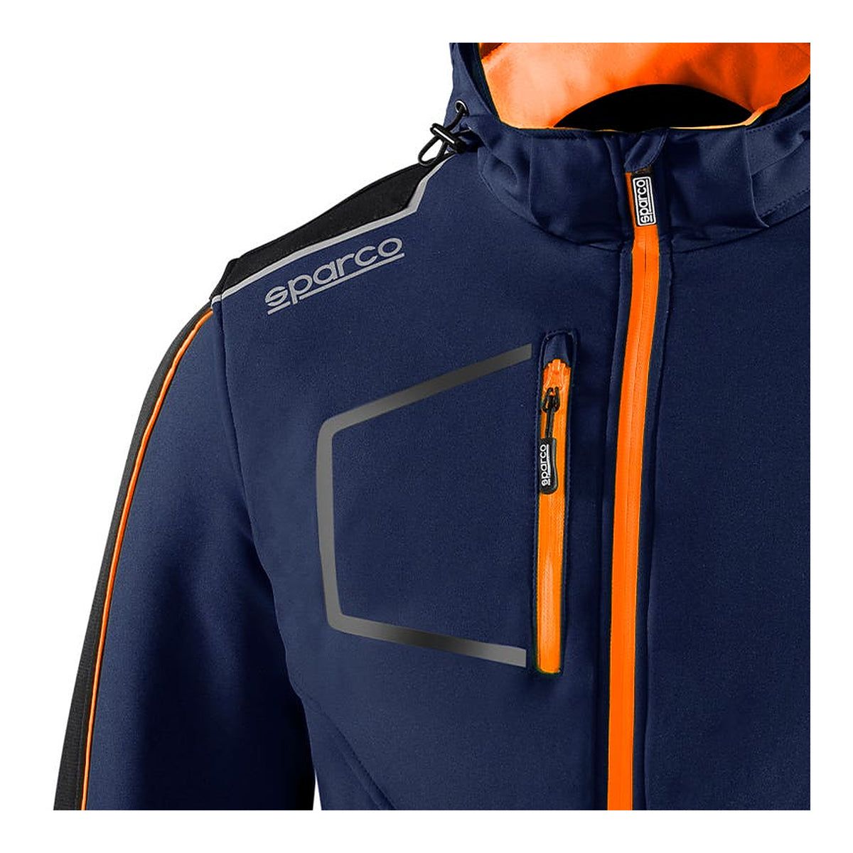 Sparco Tech York Softshell Jas Marineblauw/Oranje - Detail borstzak met rits en logo
