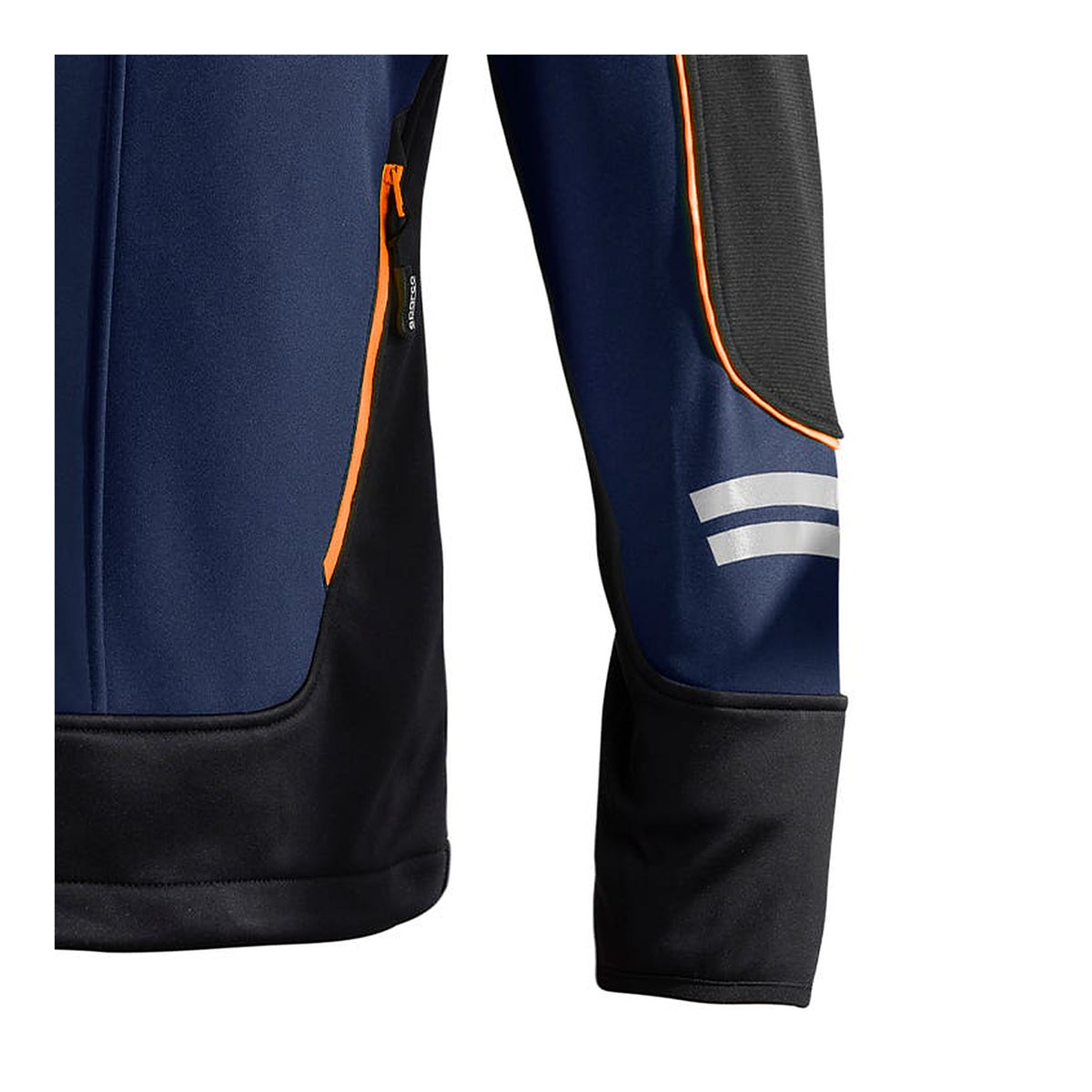 Sparco Tech York Softshell Jas Marineblauw/Oranje - Detail zijzak met rits en reflecterende mouwbanden