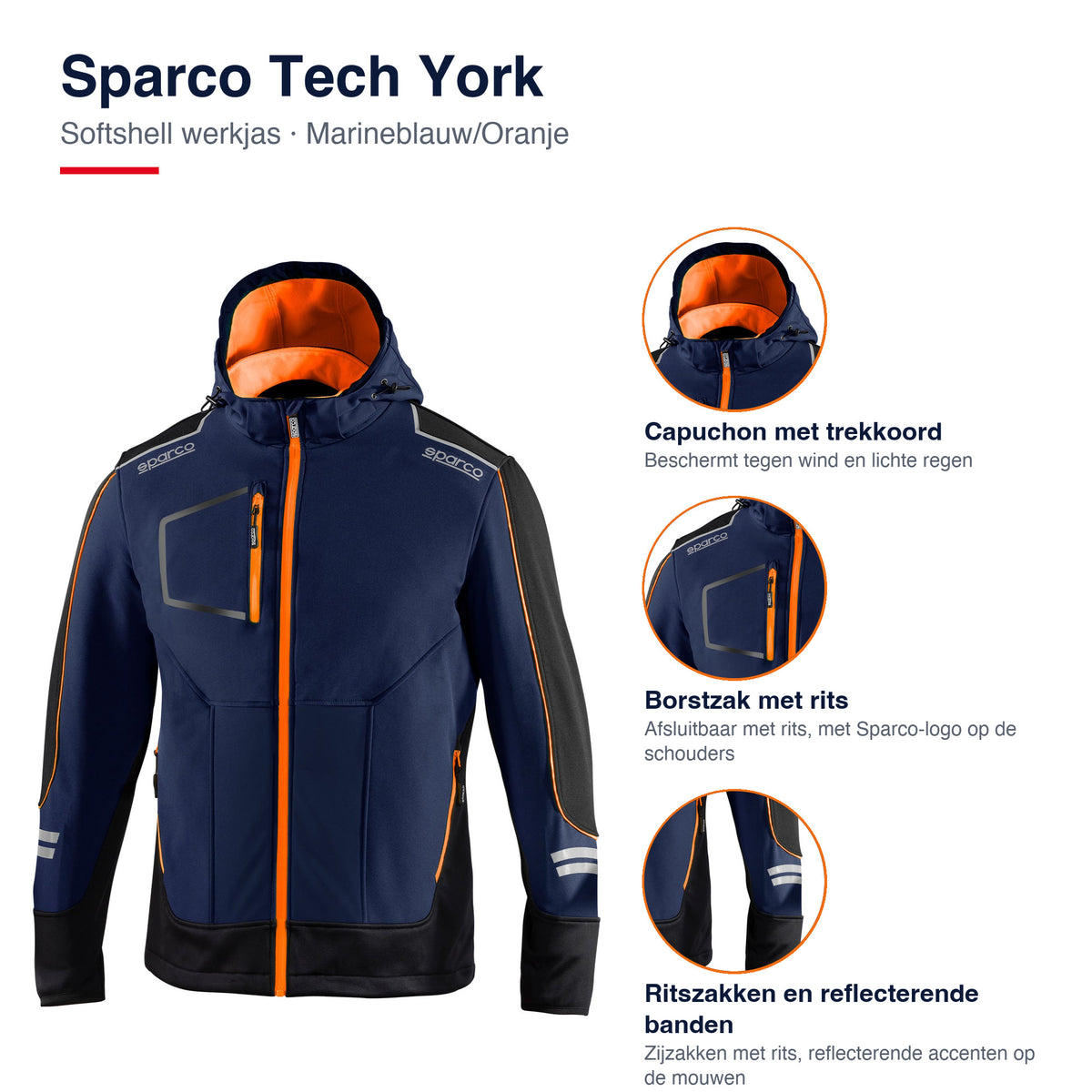 Sparco Tech York Softshell Jas Marineblauw/Oranje - Kenmerken