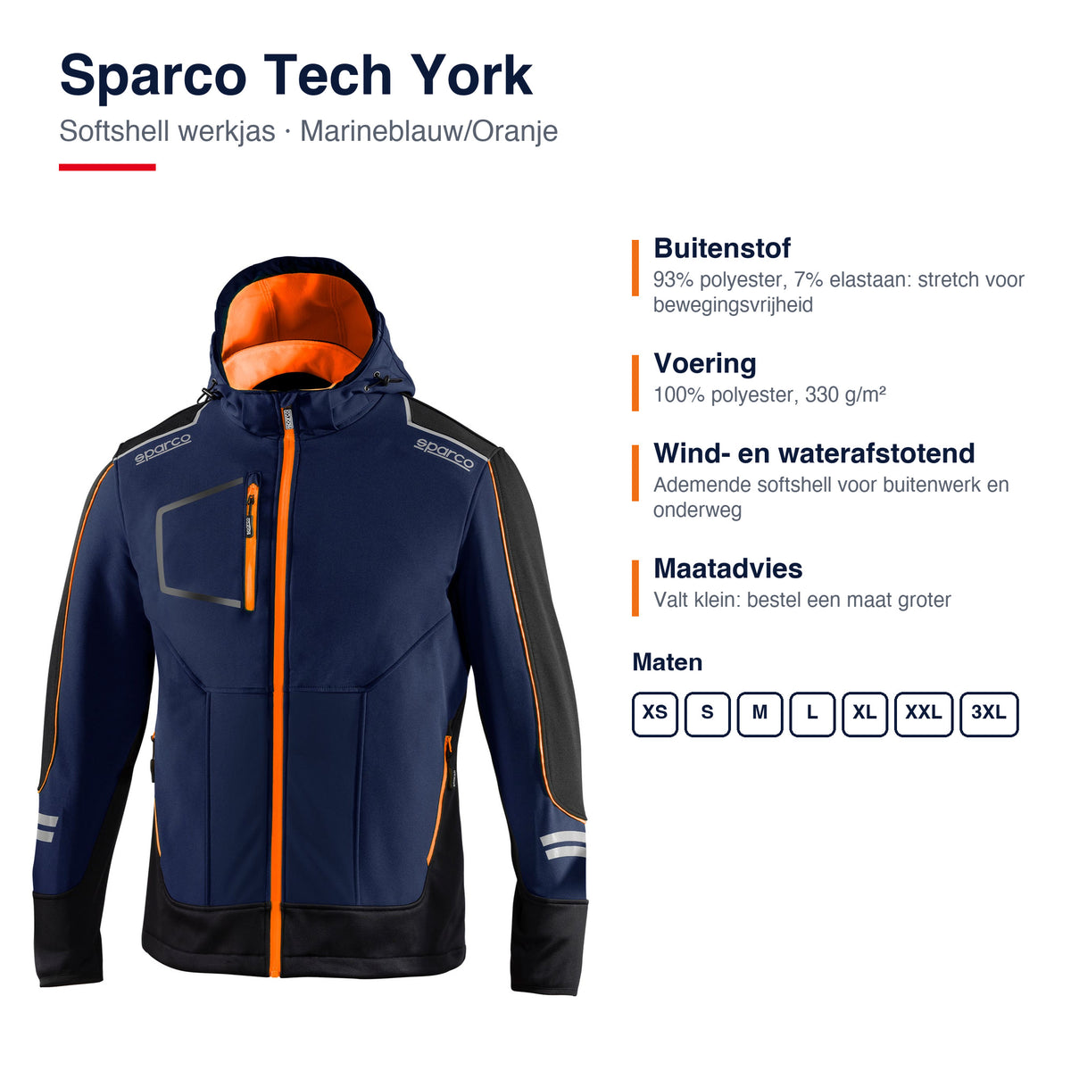 Sparco Tech York Softshell Jas Marineblauw/Oranje - Materiaal en pasvorm