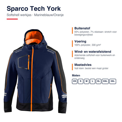 Sparco Tech York Softshell Jas Marineblauw/Oranje - Materiaal en pasvorm