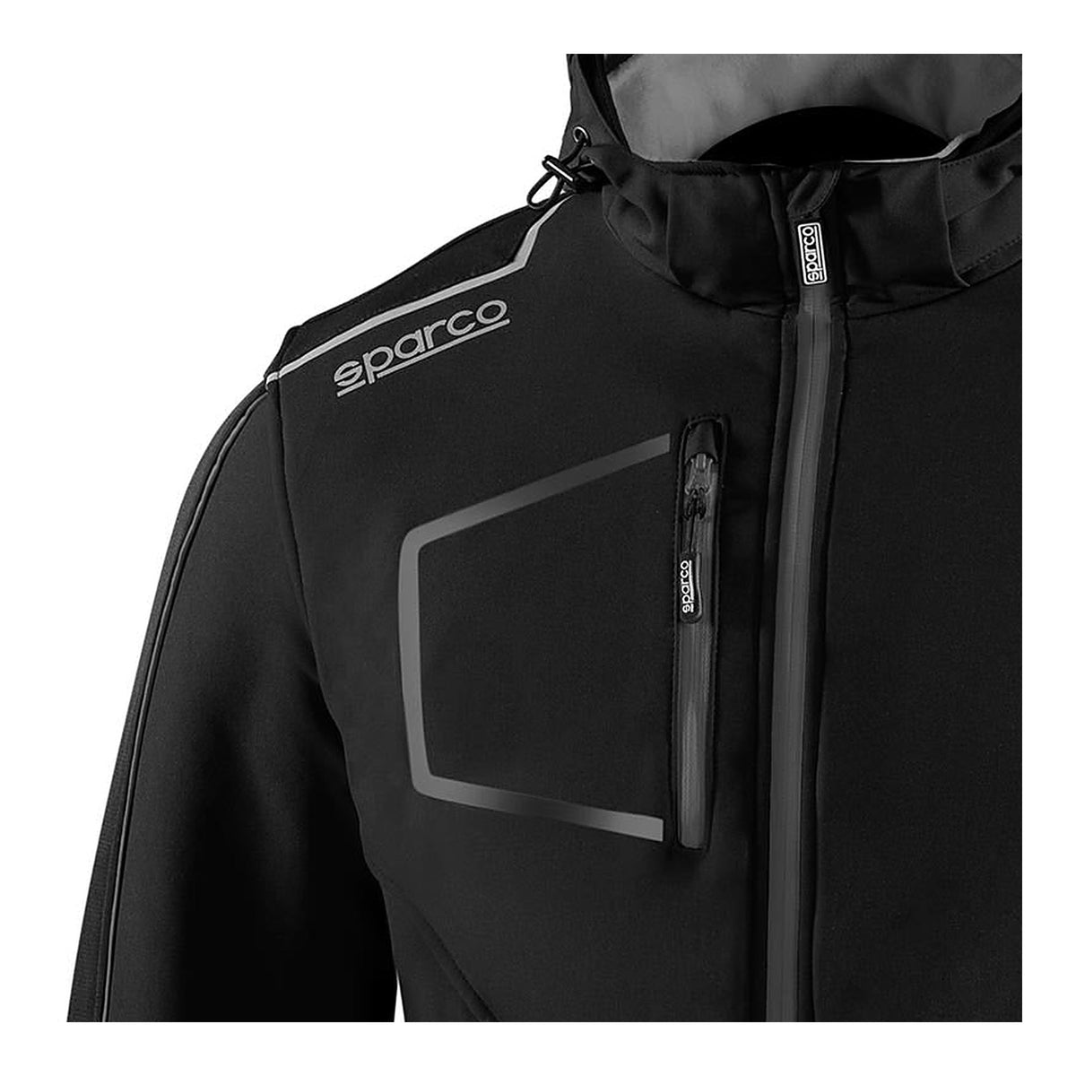 Sparco Tech York Softshell Jas Zwart/Grijs - Detail borstzak met rits en logo