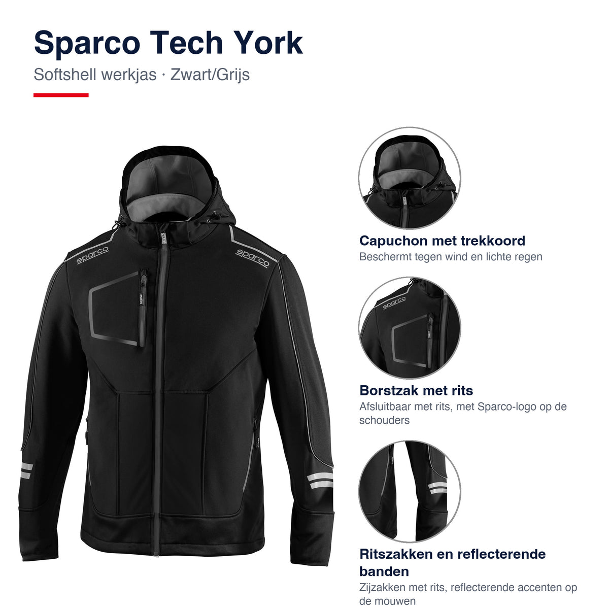 Sparco Tech York Softshell Jas Zwart/Grijs - Kenmerken