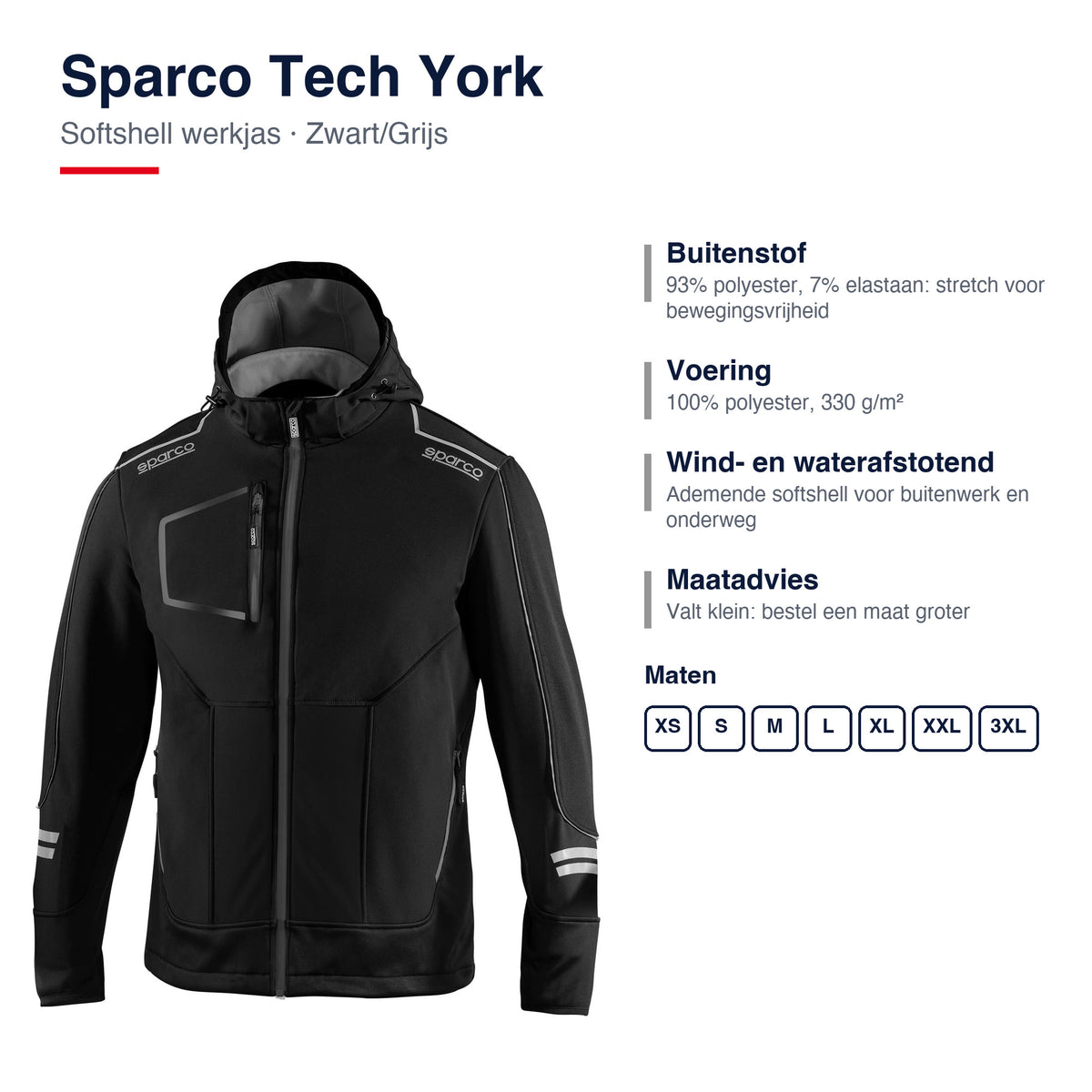 Sparco Tech York Softshell Jas Zwart/Grijs - Materiaal en pasvorm