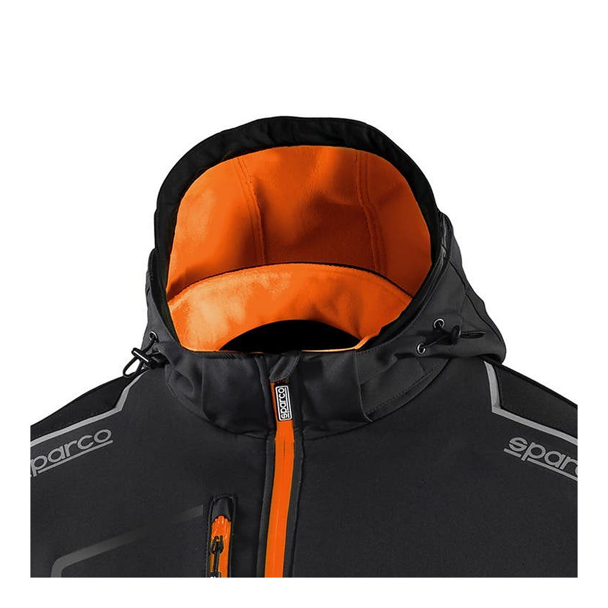 Sparco Tech York Softshell Jas Zwart/Oranje - Detail capuchon met trekkoord