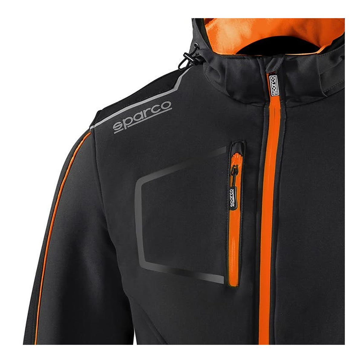Sparco Tech York Softshell Jas Zwart/Oranje - Detail borstzak met rits en logo