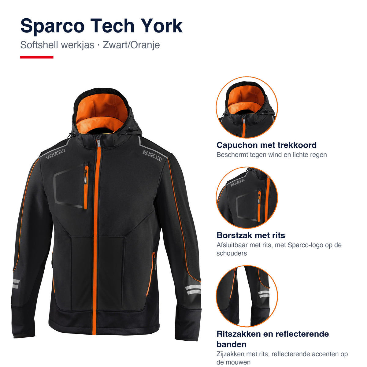 Sparco Tech York Softshell Jas Zwart/Oranje - Kenmerken